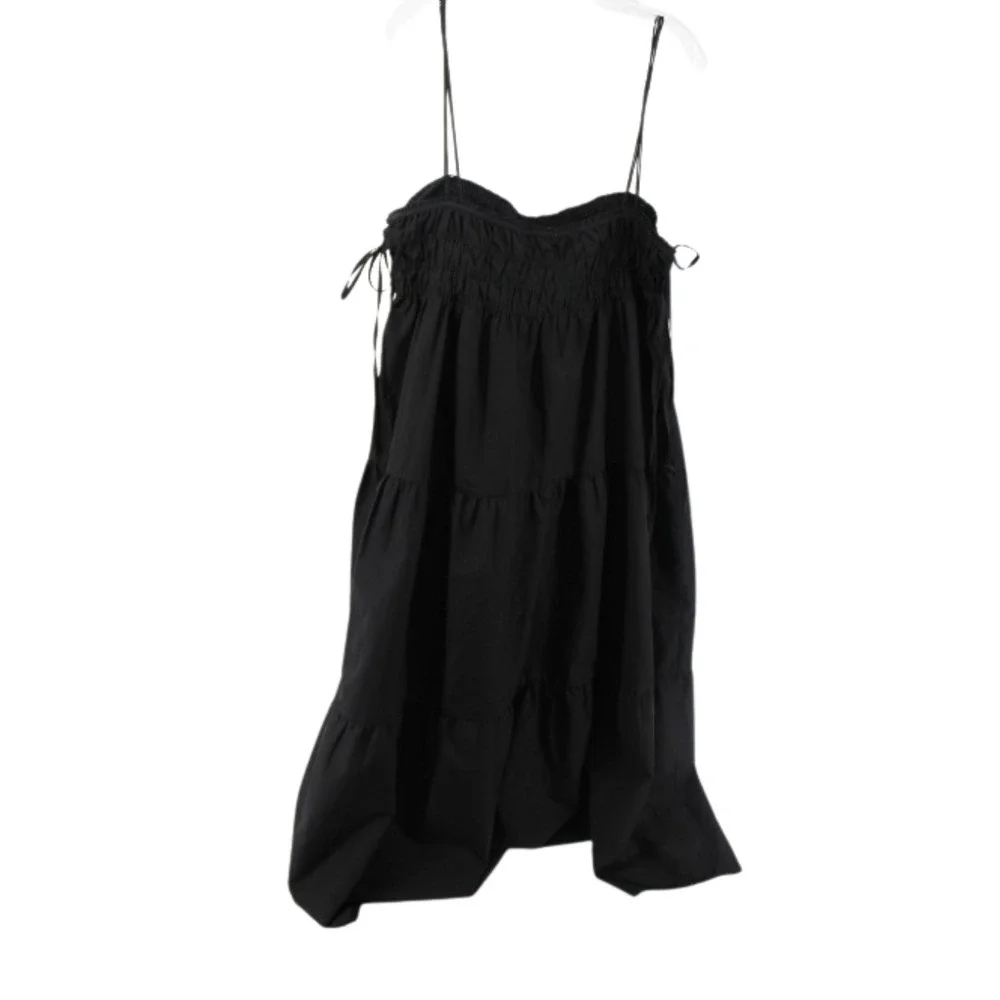 Zara Black Smocked Tiered Maxi Dress Square Neck Tie Straps Size L Boho